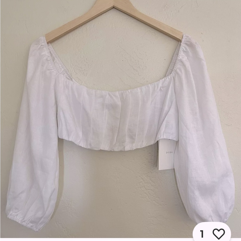 DISSH White Puff Sleeve Linen Crop Top - Picture 4 of 14